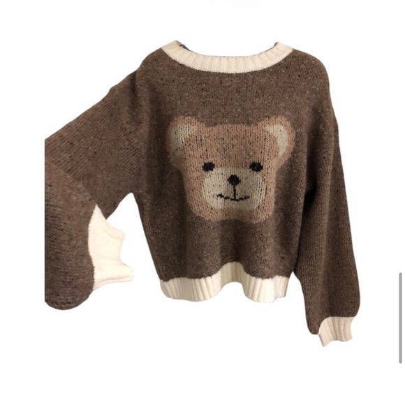 Luna Ivy brown teddy bear cream ribbed neckline long sleeve sweater size medium - Picture 6 of 10
